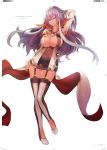  absurdres armpit_cutout blue_eyes breasts bridal_gauntlets cleavage dress garter_straps hair_between_eyes hand_in_hair hand_on_thigh highres isabelle_(shadowverse) large_breasts long_hair looking_at_viewer multicolored_hair official_art open_mouth purple_hair shadowverse simple_background solo teddy_(khanshin) thighhighs two-tone_hair white_hair 