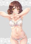  armpits arms_up blush bow bow_bra bow_panties bra breasts brown_hair chestnut_mouth commentary_request cowboy_shot eyebrows_visible_through_hair floral_print grey_background hibike!_euphonium highres interlocked_fingers nagayori navel oumae_kumiko own_hands_together panties parted_lips print_bra print_panties shiny shiny_skin short_hair small_breasts solo stomach underwear underwear_only white_bra white_panties yellow_eyes 