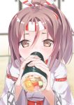  1girl blush brown_eyes eating ehoumaki food gedoo_(gedo) hachimaki headband high_ponytail highres japanese_clothes kantai_collection light_brown_hair long_hair long_sleeves makizushi ponytail solo sushi upper_body zuihou_(kantai_collection) 