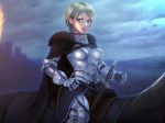  animal armor black_cape blonde_hair boobplate breastplate cape closed_mouth cloud cloudy_sky fur_trim gauntlets green_eyes highres horiishi_horuto horse horseback_riding knight original outdoors riding saddle sheath sheathed short_hair sky solo sword weapon 