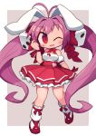  ahoge animal_ears bare_shoulders blush breasts bunny_ears chibi di_gi_charat dice_hair_ornament full_body hair_intakes hair_ornament heart highres long_hair nanatsuta one_eye_closed open_mouth purple_hair red_eyes skirt slit_pupils solo usada_hikaru very_long_hair white_legwear 