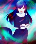  aonome asagami_fujino bangs blue_dress breasts colorful dress fate/grand_order fate_(series) highres japanese_clothes kara_no_kyoukai long_hair long_sleeves multicolored purple_hair red_eyes school_uniform solo 