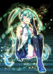  aqua_eyes aqua_hair black_legwear boots caffein commentary_request detached_sleeves elbow_gloves floating_hair gloves hatsune_miku headphones highres long_hair looking_at_viewer nail_polish necktie skirt sleeveless solo thigh_boots thighhighs thighs twintails very_long_hair vocaloid 