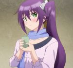  ameno_sagiri_(yuragisou_no_yuuna-san) aqua_eyes blush cup headband highres ponytail purple_hair scarf screencap stitched teacup third-party_edit yuragisou_no_yuuna-san 
