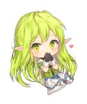  bracelet chibi cyg38801 detached_sleeves elf elsword eyebrows_visible_through_hair green_eyes green_hair hand_to_own_mouth heart highres jewelry long_hair pointy_ears rena_(elsword) 