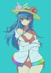  absurdres ai_ken alternate_costume bangs bare_shoulders bikini bikini_top black_hat blue_background blue_eyes blue_hair breasts cardigan cleavage closed_mouth clothes_tug collarbone commentary_request food fruit hair_between_eyes hat highres hinanawi_tenshi leaf long_hair long_sleeves looking_at_viewer off_shoulder open_clothes peach rainbow_order red_bikini simple_background smile solo standing sweater sweater_tug swimsuit touhou upper_body very_long_hair 