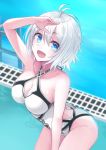  antenna_hair arm_up blue_eyes blush breasts cleavage collarbone dennou_shoujo_youtuber_shiro eyebrows_visible_through_hair large_breasts leaning_forward looking_at_viewer open_mouth shiro_(dennou_shoujo_youtuber_shiro) short_hair smile solo swimsuit tenneko_yuuri white_hair 