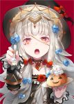  alternate_costume bangs bird blue_bow blunt_bangs bow cake cape choker circlet collarbone commentary_request crown dress eyebrows_visible_through_hair feh_(fire_emblem_heroes) fire_emblem fire_emblem_heroes flower food fork gem grey_hair hair_bow hair_ornament halloween_costume hat highres holding lips long_hair nail_polish open_mouth owl red_bow red_eyes red_flower red_nails red_rose ringozaka_mariko rose simple_background solo tongue upper_body upper_teeth veronica_(fire_emblem) witch_hat 