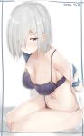  blue_eyes blush bra breasts closed_mouth commentary_request dated eyebrows_visible_through_hair grey_hair hair_ornament hair_over_one_eye hairclip hamakaze_(kantai_collection) highres kantai_collection large_breasts looking_at_viewer panties parusu_(ehyfhugj) purple_bra purple_panties short_hair solo underwear 
