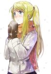  bangs blonde_hair blue_eyes blush brown_gloves cowboy_shot earrings expressionless fullmetal_alchemist gloves hands_together jacket jewelry long_hair looking_up orange_scarf ponytail riru scarf simple_background snow snowflakes snowing solo steam upper_body white_background winry_rockbell winter 
