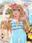  alternate_costume aqua_dress arms_up brown_eyes building collarbone deer dress flower frilled_dress frills hands_on_headwear hat hataraku_saibou hibiscus highres light_brown_hair long_hair open_mouth outdoors platelet_(hataraku_saibou) see-through smile solo straw_hat waterring 