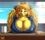  2018 amber_eyes anthro big_breasts breasts cleavage clothed clothing cup desk equine eyebrows eyelashes female friendship_is_magic huge_breasts looking_at_viewer mammal metalfoxxx my_little_pony pegasus smile solo sparkle spitfire_(mlp) uniform window wings wonderbolts_(mlp) 