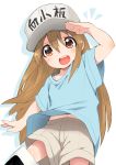  arm_up blush bra_strap brown_eyes brown_hair commentary_request cowboy_shot flat_cap hair_between_eyes hat hataraku_saibou highres long_hair looking_at_viewer navel nejime open_mouth platelet_(hataraku_saibou) salute shirt short_sleeves shorts smile solo upper_teeth very_long_hair wide_sleeves wind wind_lift 