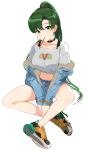  blush breasts casual denim earrings fashion fire_emblem fire_emblem:_rekka_no_ken food green_eyes green_hair high_ponytail highres jacket jewelry long_hair looking_at_viewer lyndis_(fire_emblem) mouth_hold navel ormille pocky ponytail popsicle shoes shorts simple_background sitting sneakers solo very_long_hair white_background 