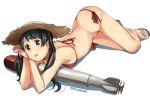  bikini black_hair blush breasts brown_eyes butt_crack eyebrows_visible_through_hair hair_between_eyes hat kantai_collection long_hair looking_at_viewer lying makio_(makiomeigenbot) mikuma_(kantai_collection) on_stomach red_bikini sandals side-tie_bikini simple_background small_breasts solo straw_hat sun_hat swimsuit torpedo twintails twitter_username white_background 
