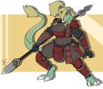  anthro armor blonde_hair clothed clothing dannyg dragon eastern_dragon facial_hair female goatee hair melee_weapon polearm simple_background solo spear standing weapon 