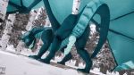  2018 3d_(artwork) all_fours animal_genitalia animal_penis anus ass_up barefoot belly_scales big_butt blue_penis blue_scales butt claws cold crouching cute day detailed_background digital_media_(artwork) dragon erection feral garo_(garoshadowscale) genital_slit green_eyes happy hi_res hindpaw horn ice knot long_neck looking_at_viewer looking_back male membranous_wings nature paws penis perspective pose presenting presenting_anus presenting_hindquarters presenting_penis quadruped raised_tail rear_view reptile ridged_penis ridges scales scalie seductive shaded shadow shy slit snout snow solo spread_legs spreading sredrahs standing stripe stripes teal_scales thick_thighs toe_claws toes tree western_dragon wings 