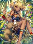  armband bird blonde_hair brown_skirt dark_skin day flower food fruit gem grass hair_flower hair_ornament hand_up interitio jewelry jungle kiwi kiwifruit legband long_hair looking_at_viewer nature necklace official_art outdoors pom_pom_(clothes) red_eyes sitting skirt sunlight tenka_touitsu_chronicle tree very_long_hair watermark wrist_cuffs 