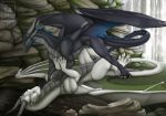  2018 ambiguous_gender black_scales blue_eyes day detailed_background digital_media_(artwork) dragon duo feral green_eyes lying membranous_wings minerea on_back outside pinkdragonlove scales scalie spines standing waterfall western_dragon white_scales wings 