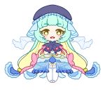  1girl :3 aqua_hair blonde_hair blue_gloves blue_hat blue_skirt bow chibi eyebrows_visible_through_hair female frilled_skirt frills full_body garter_straps gloves hair_ornament hands_together hands_up hat legs_together long_hair looking_at_viewer midriff mob_cap muguet multicolored_hair original pink_bow puffy_short_sleeves puffy_sleeves see-through short_sleeves simple_background skirt smile solo standing star thighhighg toeless_legwear two-tone_hair very_long_hair white_background white_legwear yellow_eyes 