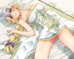  arm_at_side ass_visible_through_thighs bare_arms bare_legs bare_shoulders bed_sheet blonde_hair blue_eyes braid breasts commentary_request covered_navel eyebrows_visible_through_hair eyes_visible_through_hair fate/grand_order fate_(series) from_above hand_on_own_chest headpiece highres jeanne_d'arc_(fate) jeanne_d'arc_(fate)_(all) large_breasts lips long_braid long_hair looking_to_the_side lying navel on_back on_bed parted_lips pink_lips sarfata see-through single_braid standard_bearer thighs very_long_hair 