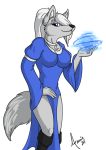  2011 amocin anthro blue_eyes breasts canine clothed clothing crystal_(dailenwolf) digital_media_(artwork) dress female looking_at_viewer magic mammal solo wolf 