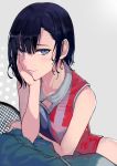  asymmetrical_bangs bag bangs black_hair blue_eyes duffel_bag elbow_rest grey_background hand_on_own_cheek hanebado! highres looking_at_viewer polka_dot polka_dot_background racket shiwahime_yuika sleeveless smile solo sportswear tennis_racket tennis_uniform upper_body walzrj 