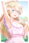  :d arm_up armpits asobi_asobase blonde_hair blue_eyes blue_sky blurry blurry_background braid day dress hamsta hand_up long_hair olivia_(asobi_asobase) open_mouth outdoors sky smile solo standing upper_body very_long_hair white_dress 