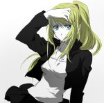  arm_at_side bangs black_skirt blonde_hair blue_eyes crying crying_with_eyes_open expressionless fingernails floating_hair fullmetal_alchemist gradient gradient_background grey_background hand_in_hair jacket long_hair looking_away ponytail riru shirt simple_background skirt solo tears upper_body white_background white_shirt winry_rockbell 