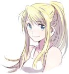  bangs bare_shoulders blonde_hair blue_eyes close-up earrings eyebrows_visible_through_hair floating_hair fullmetal_alchemist jewelry long_hair looking_away lowres ponytail riru shirt simple_background sleeveless sleeveless_shirt smile solo upper_body white_background white_shirt winry_rockbell 