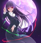  asagami_fujino bangs blue_dress breasts closed_mouth dress eyebrows_visible_through_hair fate/grand_order fate_(series) feet_out_of_frame highres long_dress long_hair long_sleeves medium_breasts moon night outdoors purple_hair red_eyes school_uniform solo standing tomosuke 