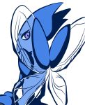  creatures_(company) from_behind game_freak gen_2_pokemon insect_wings looking_at_viewer looking_back monochrome muguet nintendo no_humans pokemon pokemon_(creature) purple_eyes scizor simple_background solo upper_body white_background wings 
