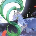  absurdly_long_hair bangs bare_shoulders blush bow closed_mouth cloud collarbone commentary_request detached_sleeves dress eyebrows_visible_through_hair full_moon green_eyes green_hair hair_between_eyes hatsune_miku highres holding holding_microphone long_hair long_sleeves looking_away microphone microphone_stand moon night night_sky outdoors roi_(liu_tian) sidelocks sky solo strapless strapless_dress twintails very_long_hair vocaloid white_dress wide_sleeves yellow_bow 