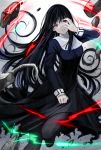  asagami_fujino bangs black_legwear blue_dress breasts debris dress fate/grand_order fate_(series) hand_on_own_face kara_no_kyoukai long_dress long_hair long_sleeves looking_at_viewer medium_breasts mt966 outdoors parted_lips purple_hair red_eyes rubble school_uniform solo tears 