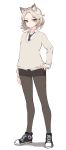  :&lt; adjusting_eyewear animal_ears black_legwear blue_eyes cardigan cat_ears extra_ears full_body fur glasses hand_on_hip highres looking_at_viewer narynn necktie original pantyhose pencil_skirt simple_background skirt solo standing 