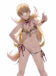  1girl bikini blonde_hair bracelet breasts bulge cleavage collar fire_emblem fire_emblem_heroes futanari green_eyes jewelry long_hair looking_at_viewer mayo_(becky2006) navel nimji nintendo penis penis_peek ponytail sharena_(fire_emblem) side-tie_bikini simple_background smile swimsuit testicles third-party_edit thumbs_up veins veiny_penis wardrobe_malfunction white_bikini 