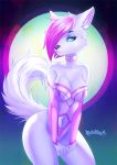  2018 anthro black_nose blue_eyes breasts canine cleavage clothed clothing digital_media_(artwork) eyelashes female fox fur hair looking_at_viewer malakhael mammal navel pink_hair smile solo standing white_fur 