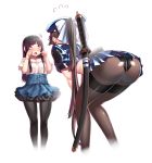  absurdres alternate_costume animal_ears ass azur_lane belt bent_over black_hair black_legwear breasts crying crying_with_eyes_open gloves hair_ribbon hands_on_own_knees hiememiko highres holding holding_sword holding_weapon long_hair looking_at_another miniskirt multiple_girls open_mouth pantyhose police police_uniform policewoman ribbon skirt sword takao_(azur_lane) tears uniform weapon 
