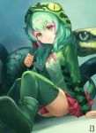  boomslang_(kemono_friends) boots commentary_request eyebrows_visible_through_hair green_eyes green_hair hood hoodie kemono_friends long_hair long_sleeves multicolored_hair neck_ribbon pleated_skirt red_hair ribbon sitting skirt snake snake_tail solo tail tamamushi thighhighs zettai_ryouiki 
