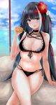  :d absurdres azur_lane bangs bare_arms bare_shoulders bikini black_bikini black_hair blue_eyes blue_sky blunt_bangs blush breasts cleavage cloud commentary_request day deutschland_(azur_lane) eyebrows_visible_through_hair fang fingernails flower front-tie_top groin hair_flower hair_ornament hand_up head_tilt highres holding horizon long_hair looking_at_viewer medium_breasts multicolored_hair navel ocean open_mouth outdoors red_flower red_hair rock ru_zhai sitting sky smile solo streaked_hair swimsuit very_long_hair water white_flower white_hair 