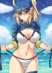  absurdres artoria_pendragon_(all) baseball_cap beach bikini blonde_hair blue_eyes blue_sky breasts cleavage cloud cowboy_shot day fate/grand_order fate_(series) hair_between_eyes hat highres long_hair looking_at_viewer medium_breasts mysterious_heroine_xx_(foreigner) navel outdoors ponytail sawwei005 shrug_(clothing) side-tie_bikini sky solo swimsuit untied untied_bikini white_bikini 