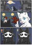  ambiguous_gender anthro biped black_fur blue_eyes canine changed_(video_game) comic duo fchicken fur goo_creature lin_(changed) mammal mask monster moon outside puro_(changed) speechless were werewolf white_fur wolf 