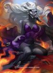  2018 anthro aomori breasts clothed clothing dragon dress female fire hair horn jewelry looking_at_viewer midnight_(character) necklace panties pose solo underwear upskirt watermark wide_hips 