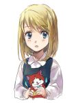  :o blonde_hair blue_eyes character_doll crossover expressionless eyebrows_visible_through_hair fullmetal_alchemist holding jibanyan long_sleeves looking_away open_mouth riru shirt short_hair simple_background solo upper_body white_background white_shirt winry_rockbell youkai youkai_watch younger 