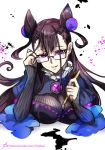  1girl adjusting_eyewear black_hair breasts brush calligraphy_brush chyttsai double_bun dress eyebrows_visible_through_hair fate/grand_order fate_(series) frilled_shirt_collar frills glasses hair_between_eyes hair_ornament holding holding_brush ink ink_stain jewelry large_breasts long_hair murasaki_shikibu_(fate) open_eyes open_mouth paintbrush parted_lips purple_eyes ribbed_sweater simple_background smile solo striped striped_dress sweater teeth white_background 