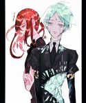  androgynous aqua_eyes aqua_hair commentary_request cracked crossed_arms crystal_hair elbow_gloves gem gem_uniform_(houseki_no_kuni) gloves golden_arms houseki_no_kuni long_bangs mercury multiple_others necktie phosphophyllite red_eyes red_hair saku_(saku5991) shinsha_(houseki_no_kuni) short_hair upper_body white_background 