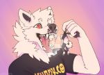  2018 5_fingers anthro breath canine claws clothing digital_media_(artwork) dog feet fur ifunny.co male male_pred male_prey mammal open_mouth saliva samoyed simple_background smile solo teeth tongue tongue_out vore woivves 