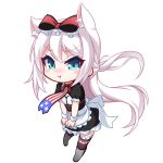  :t american_flag american_flag_print animal_ears apron azur_lane bangs black_dress black_legwear blue_eyes blush blush_stickers boots bow cat_ears chibi closed_mouth dress eyebrows_visible_through_hair flag_print frilled_apron frills grey_footwear hair_between_eyes hair_bow hammann_(azur_lane) highres kirisame_mia knee_boots long_hair nose_blush one_eye_closed pout print_neckwear puffy_short_sleeves puffy_sleeves red_bow short_sleeves silver_hair simple_background solo standing thighhighs thighhighs_under_boots very_long_hair waist_apron white_apron white_background white_bow 