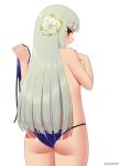  artist_name ass bangs bikini bikini_top_removed blue_bikini blunt_bangs blush bravely_default_(series) bravely_second:_end_layer commentary convenient_arm eyebrows_visible_through_hair flower from_behind grey_hair hair_flower hair_ornament hand_on_own_chest holding_bikini_top kuroonehalf long_hair looking_at_viewer looking_back magnolia_arch purple_bikini red_eyes simple_background smile solo swimsuit topless very_long_hair white_background 