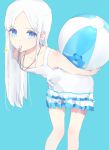  ball beachball blue_background blue_eyes commentary dress highres long_hair looking_at_viewer original tr_(hareru) white_dress white_hair 